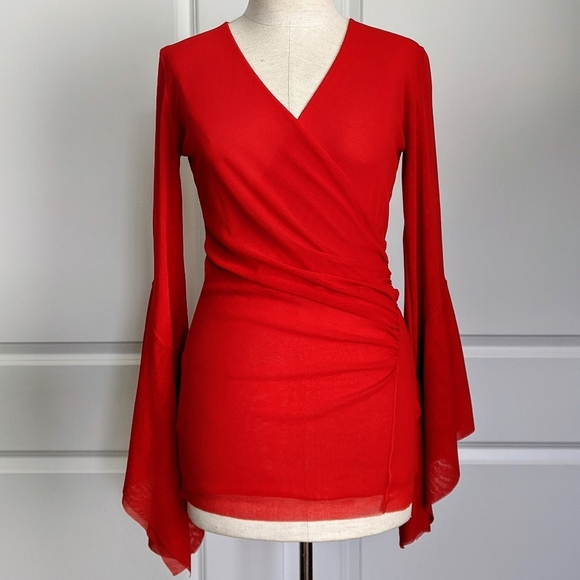 FUZZI Wrap Front V-Neckline Fine Mesh Knit Long Butterfly Bell Sleeves Red L NWT - Picture 1 of 16